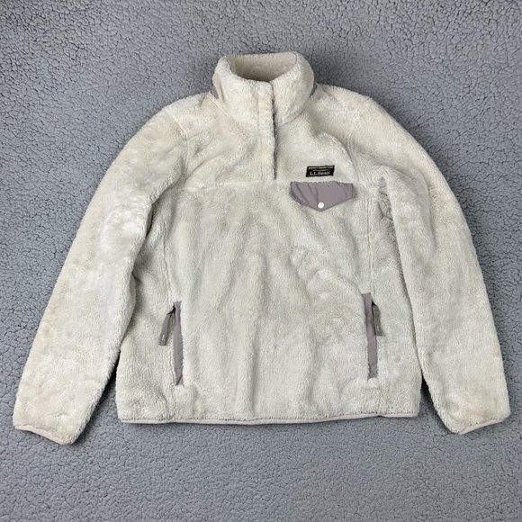 LL Bean Women’s Deep Pile Fleece Pullover Sweatshirt Jacket 1/4 T Snap Cream PS - Picture 1 of 12
